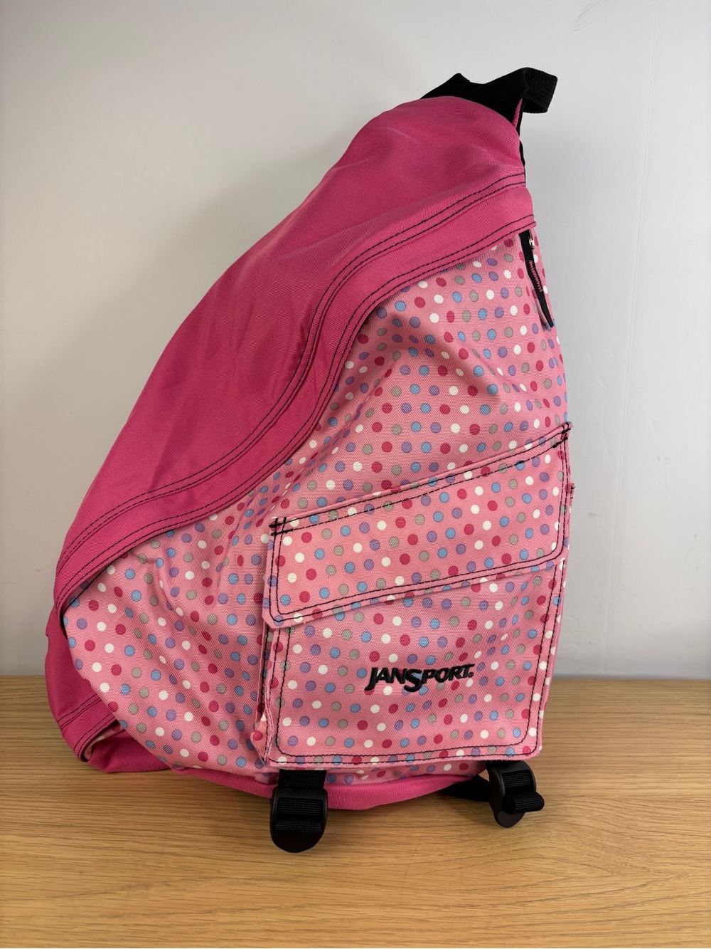 Vintage Y2K Jansport Pink Polka Dot Teardrop Sling Backpack
